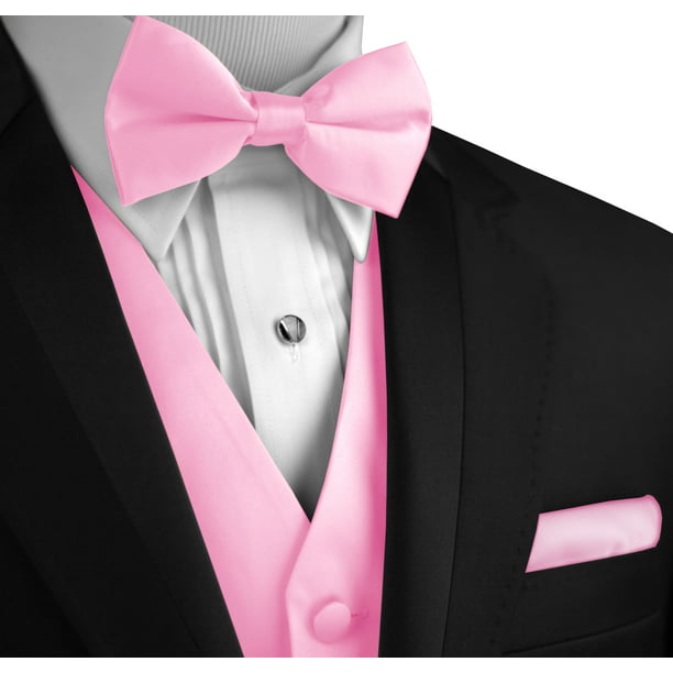 New Men's tuxedo Vest Waistcoat With Necktie Bowtie & Hankie Set Pink wedding 